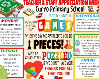 Editable Games Themed Teacher Appreciation Week Itinerary flyer, Games Teacher & Staff Appreciation Flyer, Games Itinerary, instant download
