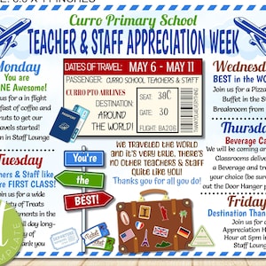 Editable World Travel themed Teacher Appreciation Week Itinerary flyer, Airplane Teacher & Staff Appreciation Flyer, Travel Itinerary Week