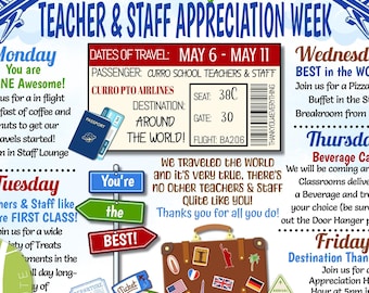 Editable World Travel themed Teacher Appreciation Week Itinerary flyer, Airplane Teacher & Staff Appreciation Flyer, Travel Itinerary Week