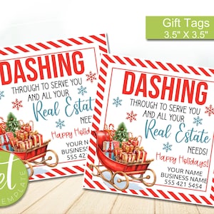 Christmas Referral Gift Tag, dashing through to serve you and real Estate needs, Business Holiday Marketing Pop by Tags, instant download