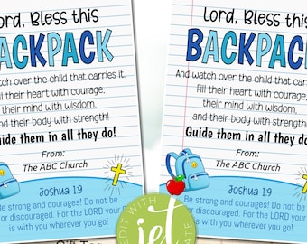 Etiquetas de bendición para mochilas editables, imprimibles para la escuela dominical, imprimibles para la iglesia, etiquetas religiosas para el regreso a clases, ideas para estudiantes y maestros católicos.