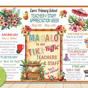 EDITABLE Hawaiian Themed Teacher Appreciation Week Itinerary, Beach Theme Poster Appreciation Week, Schedule Events, INSTANT DOWNLOAD