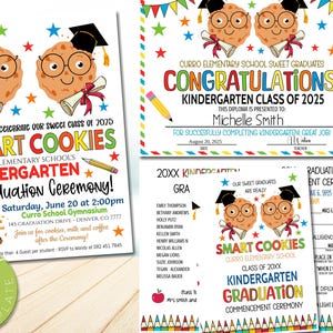 Peut inclure: Ensemble de faire-part et certificats de fin d'études de maternelle colorés. La conception présente des biscuits de dessin animé portant des chapeaux de graduation, des étoiles et des crayons. Le texte dit "Smart Cookies" et "Félicitations!"
