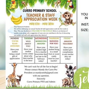 EDITABLE Jungle Theme Teacher & Staff Appreciation Printable Invitation Newsletter, Zoo Rainforest Theme Schedule Events, INSTANT DOWNLOAD
