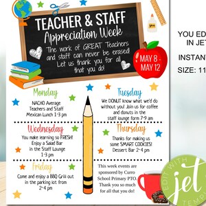 Editable Teacher Appreciation Staff Invitation, Appreciation Week of Events, digital flyer, Take Home Flyer, INSTANT DOWNLOAD