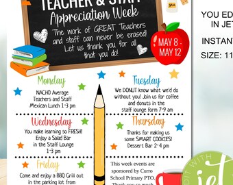 Könnte beinhalten: Ein druckbarer Zeitplan für die Lehrer-Wertschätzungs-Woche mit einem roten Apfel, einem Bleistift und einer Tafel. Der Zeitplan beinhaltet Aktivitäten für jeden Tag der Woche, wie z. B. ein Nacho-Mittagessen, ein Salatbuffet und ein BBQ-Grillfest. Der Text "YOU EDIT YOURSELF IN JETTEMPLATE" befindet sich oben rechts auf der Seite.