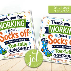 May include: Two square gift tags measuring 8.89 cm by 8.89 cm featuring the text Thank you for WORKING your Socks off and for being Toe-tally awesome! The design includes a blue sock with green polka dots and colourful decorative borders.