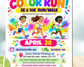 May include: A colorful event flyer for the 2026 Color Run 5K & 10K Run/Walk on April 28. The graphic features three children running amidst vibrant paint splashes, with event details including the Curro School Parking Lot location and registration info.