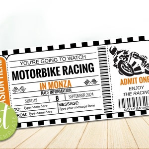 Chèque-cadeau modifiable pour une course de vélo, chèque-cadeau de course de moto, carte d'embarquement de course, voyage de course, téléchargement immédiat