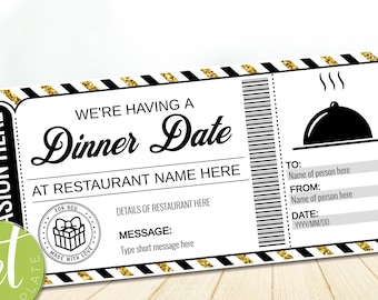 May include: A printable dinner date coupon with a black and white striped background and gold glitter accents. The coupon says "We're having a Dinner Date at Restaurant Name Here". There are spaces to fill in the name of the person the coupon is for, the name of the person giving the coupon, and the date.