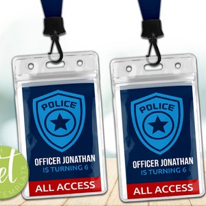Editable Police Officer Kids Birthday Invitation ID Card Badge, Pretend Play, POLICE Party VIP Pass. Pretend Play, instant download