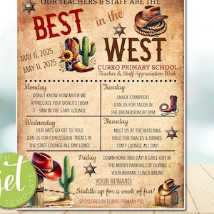 Editable Western Themed Teacher Appreciation Week Itinerary Poster, Wild West Appreciation Week Schedule Events, Instant download