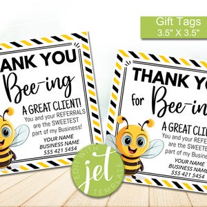 Può includere: Bigliettini regalo quadrati con bordo a righe nere e gialle e la scritta "THANK YOU for Bee-ing A GREAT CLIENT!". Ogni bigliettino presenta un'ape dei cartoni animati e misura 8,89 x 8,89 cm.