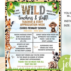EDITABLE jungle Teacher Appreciation Week Itinerary, We Are Wild About You, Zoo Rainforest Theme Schedule Events, INSTANT DOWNLOAD