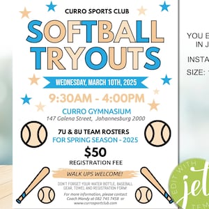 Editable Softball Tryout Flyer Editable Template, Sports Training Event, instant download