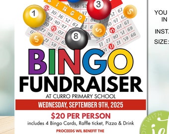 Editable Bingo Night Flyer, School Fundraiser PTA PTO, Instant Download