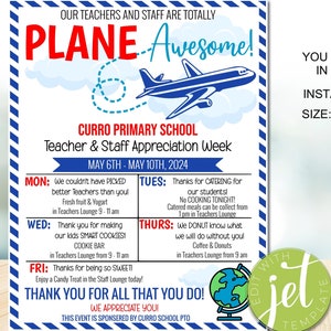 Editable Plane AWESOME Teacher Appreciation Week itinerary, Flyer Template for teacher appreciation, Travel theme appreciation week