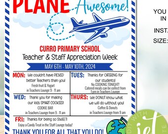 May include: A blue and red printable poster with a plane and the text "Plane Awesome!"  Curro Primary School Teacher & Staff Appreciation Week May 6th - May 10th, 2024.  The poster lists daily activities for the week, including fresh fruit and yogurt, cookies, and donuts.