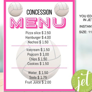 Editable Volleyball concession Menu Theme, Concession Menu Template, Concession Stand Sign, INSTAND DOWNLOAD