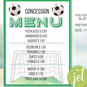 Editable Soccer concession Menu Theme, Concession Menu Template, Concession Stand Sign, INSTAND DOWNLOAD