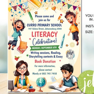 Editable Family Literacy celebration Flyer, PTO PTA Reading Book Sale School Flyer,Book Fair School Church Flyer Printable, Instant download