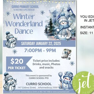 May include: A blue and white poster with a winter wonderland theme. It advertises a dance event at Curro Primary School on Saturday, January 22, 2025, from 7:00 PM to 9:00 PM. The poster features a snowman with a blue scarf and a red hat, and the text "Winter Wonderland Dance" in large, white letters.