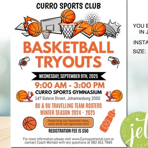 Editable Basketball Tryout Flyer for Youth Sports Registration, basketball tryouts, Instant download