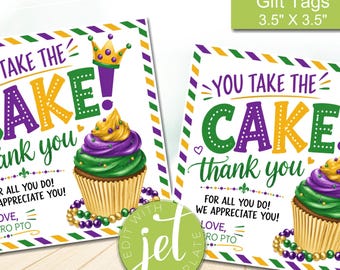 May include: Square gift tags with a cupcake design. The tags read "You Take The Cake! Thank You" with a cupcake illustration. The tags are 3.5" x 3.5" and feature a purple, green, and gold color scheme.