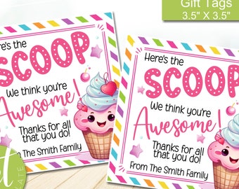 Editable Ice Cream Gift Tag, Here's the Scoop You're Awesome, School Pto pta thank you Gift, Staff Employee Appreciation Week