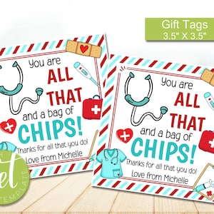 Etiqueta de presente editável A Bag of Chips, etiquetas de guloseimas Happy Nurses Week, equipe médica de hospital, favores de autoedição de enfermeiras, DOWNLOAD INSTANTÂNEO