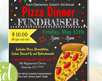 May include: A flyer for Curro Elementary School's 3rd Annual Pizza Dinner Fundraiser. The design features a pizza slice, colorful decorations, and event details including the date, time, and cost: $10.00 all you can eat.