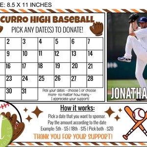 Editable Baseball Calendar Pick a Date to Donate Fundraiser Tracker Template with photo, baseball fundraiser, instant download