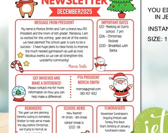 May include: A festive Christmas-themed newsletter for Curro Primary School PTA. The newsletter features a red reindeer, a green Christmas tree, and a Santa Claus illustration. The newsletter includes information about upcoming events, fundraisers, and school news. The text on the newsletter reads "Curro Primary School PTA Newsletter December 2025".