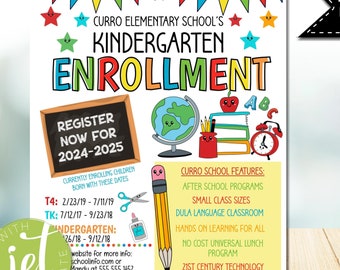 May include: A colorful printable flyer for Curro Elementary School's Kindergarten Enrollment. The flyer features a cartoon globe, books, and a clock. It includes the text "Register Now for 2024-2025" and lists the dates for enrolling children. The flyer also highlights school features such as after-school programs, small class sizes, dual language classrooms, hands-on learning, a no-cost universal lunch program, and 21st-century technology.