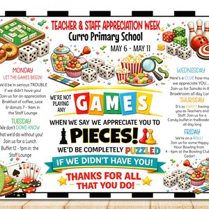 Teacher Appreciation Week Itinerary Flyer, Games Theme Staff ...