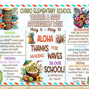 Peut inclure: Une affiche colorée pour la semaine de reconnaissance scolaire sur le thème tropical. Elle présente un ukulélé, un tambour tiki et une illustration de boisson à la noix de coco. Le texte dit "Aloha Merci de faire des vagues dans notre école !" et liste les événements quotidiens.