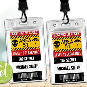 Editable Area 51 Secret Government Base ID Badge, Area 51 Security Costume Name Tag, Alien Halloween Costume, Instant Download