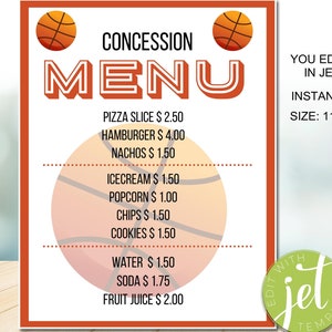 Editable Basketball concession Menu Theme, Concession Menu Template, Concession Stand Sign, INSTAND DOWNLOAD
