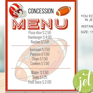 Editable Football concession Menu Theme, Concession Menu Template, Concession Stand Sign, INSTAND DOWNLOAD
