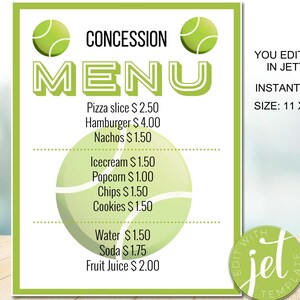 Editable Tennis concession Menu Theme, Concession Menu Template, Concession Stand Sign, INSTAND DOWNLOAD