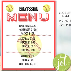 Editable Softball concession Menu Theme, Concession Menu Template, Concession Stand Sign, INSTAND DOWNLOAD