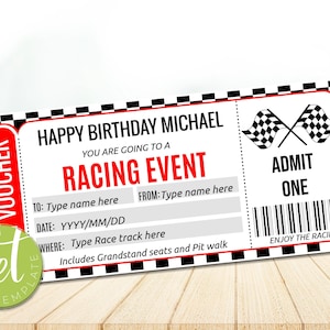 Bewerkbare raceticketsjabloon, dagticket circuitbelevenis, ticket rijbelevenis, racecadeaubon, directe download