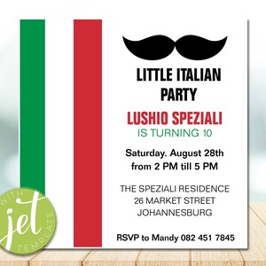 Editable Italian Party Invitation, Italian kids&#39; birthday, kids Italian Invite, Italian Party, kids Birthday, Instant download