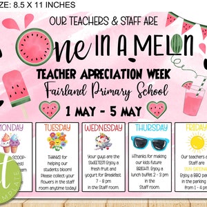 EDITABLE Teacher Appreciation Week Poster, Summer One in a Melon, Theme Schedule of Events, teacher appreciation week, INSTANT DOWNLOAD
