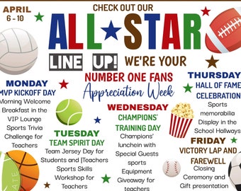 EDITABLE Sports All Star Theme Parent Newsletter Itinerary Flyer for Teacher & Staff Appreciation Week, Instant download