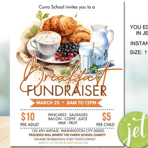 Editable Breakfast Fundraiser Flyer Template, School Breakfast Fundraising Printable, INSTANT DOWNLOAD