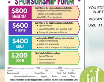 Editable PTO PTA Sponsorship Levels Form Template, School Sponsorship sheet, Non-Profit Form, Instant download