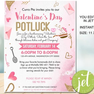 May include: Pink and gold Valentine's Day potluck invitation with a heart-shaped design. The invitation includes the date, time, and location of the event. It also includes a request for RSVP and contact information.