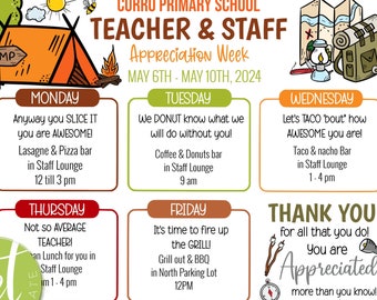 Folleto del itinerario de la Semana de agradecimiento a los maestros con temática de campamento, DESCARGA INSTANTÁNEA