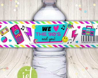Editable 80s 90s Party Theme Teacher Appreciation Printable Water Bottle Labels, Instant download